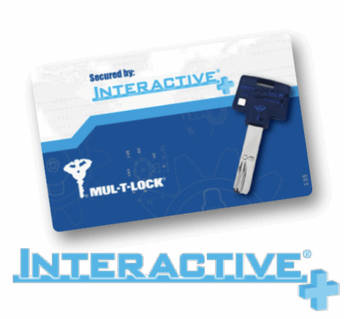Tarjeta de seguridad Mul-T-Lock Interactive+ con diseño azul y blanco y llave incorporada