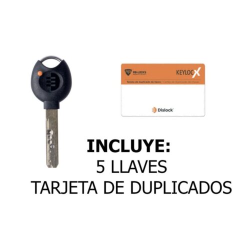 Llave de seguridad KEYLOCKX y tarjeta de duplicado de RB Locks con el texto “Incluye 5 llaves y tarjeta de duplicados”