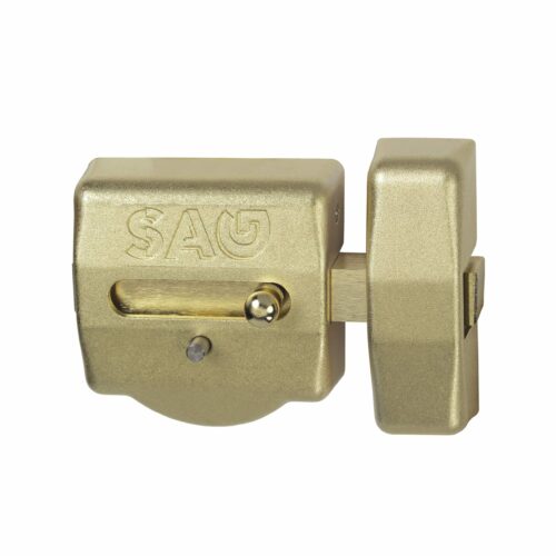 Vista frontal del cerrojo SAG EP70 en acabado plateado con bombillo redondo Mul-T-Lock