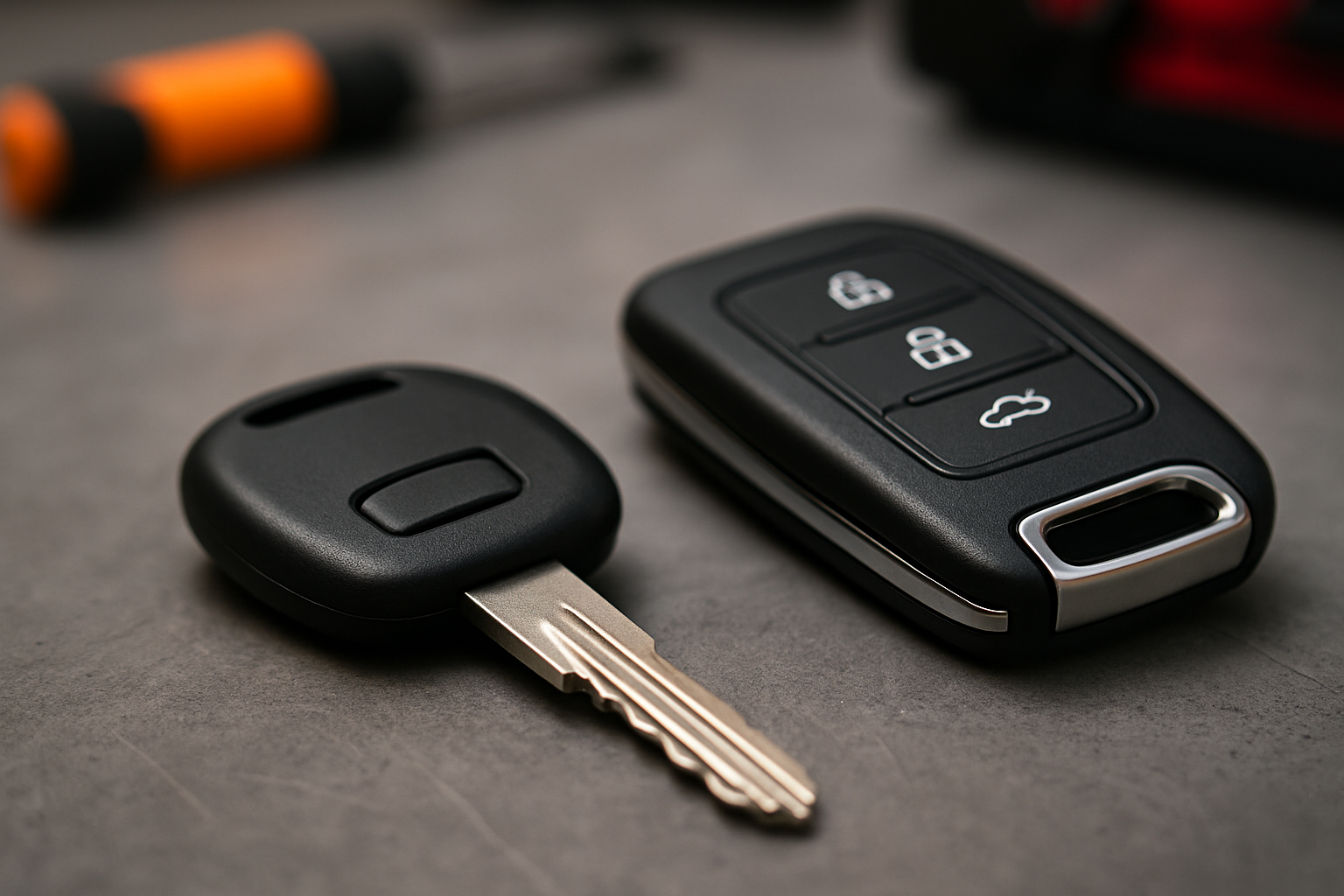 Llave con transponder y mando de coche moderno sobre mesa de cerrajería