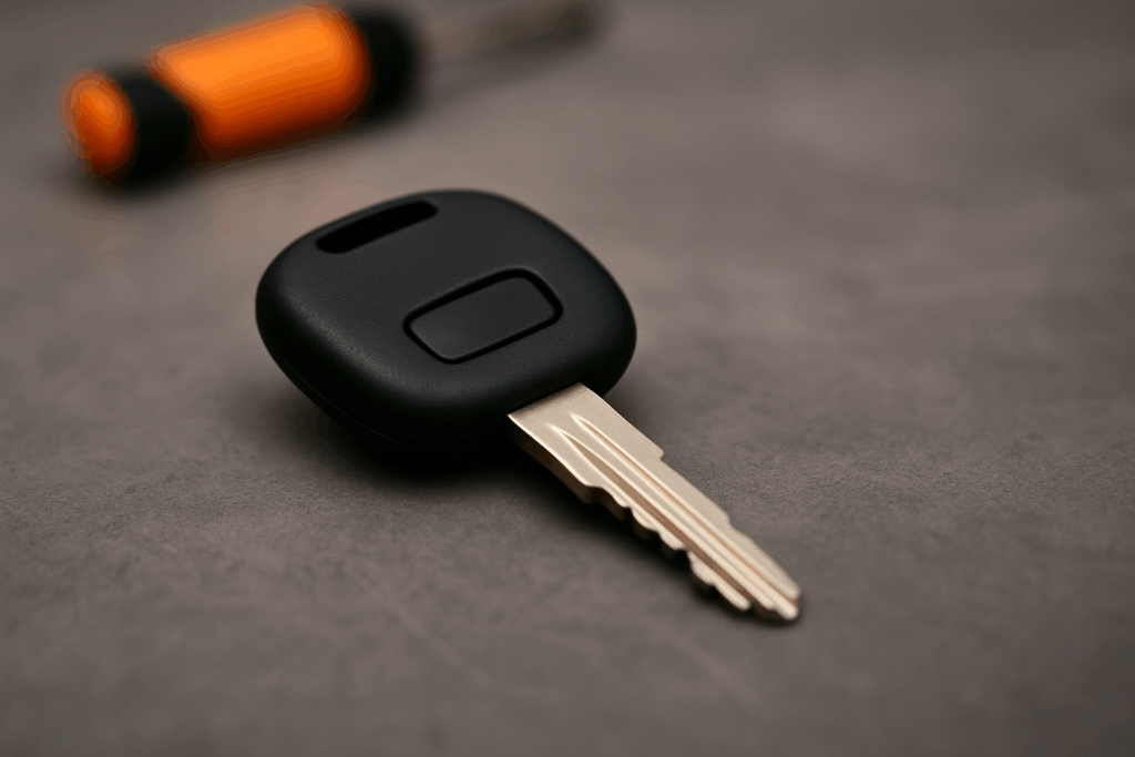Llave de coche con chip sobre superficie de trabajo gris
