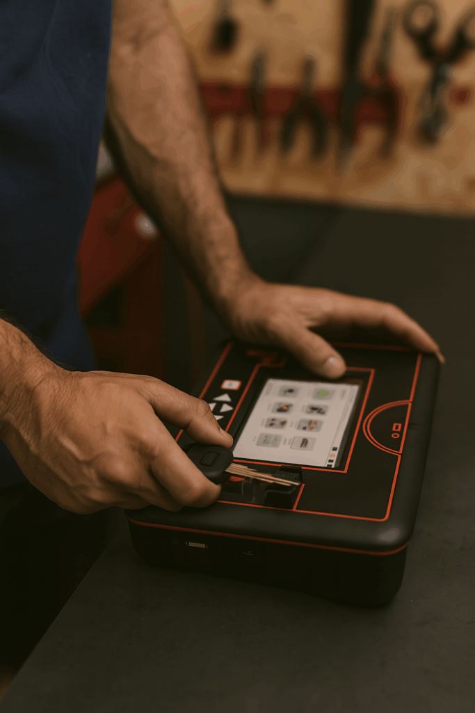 Cerrajero duplicando una llave de coche con máquina electrónica Zed-FULL Plus