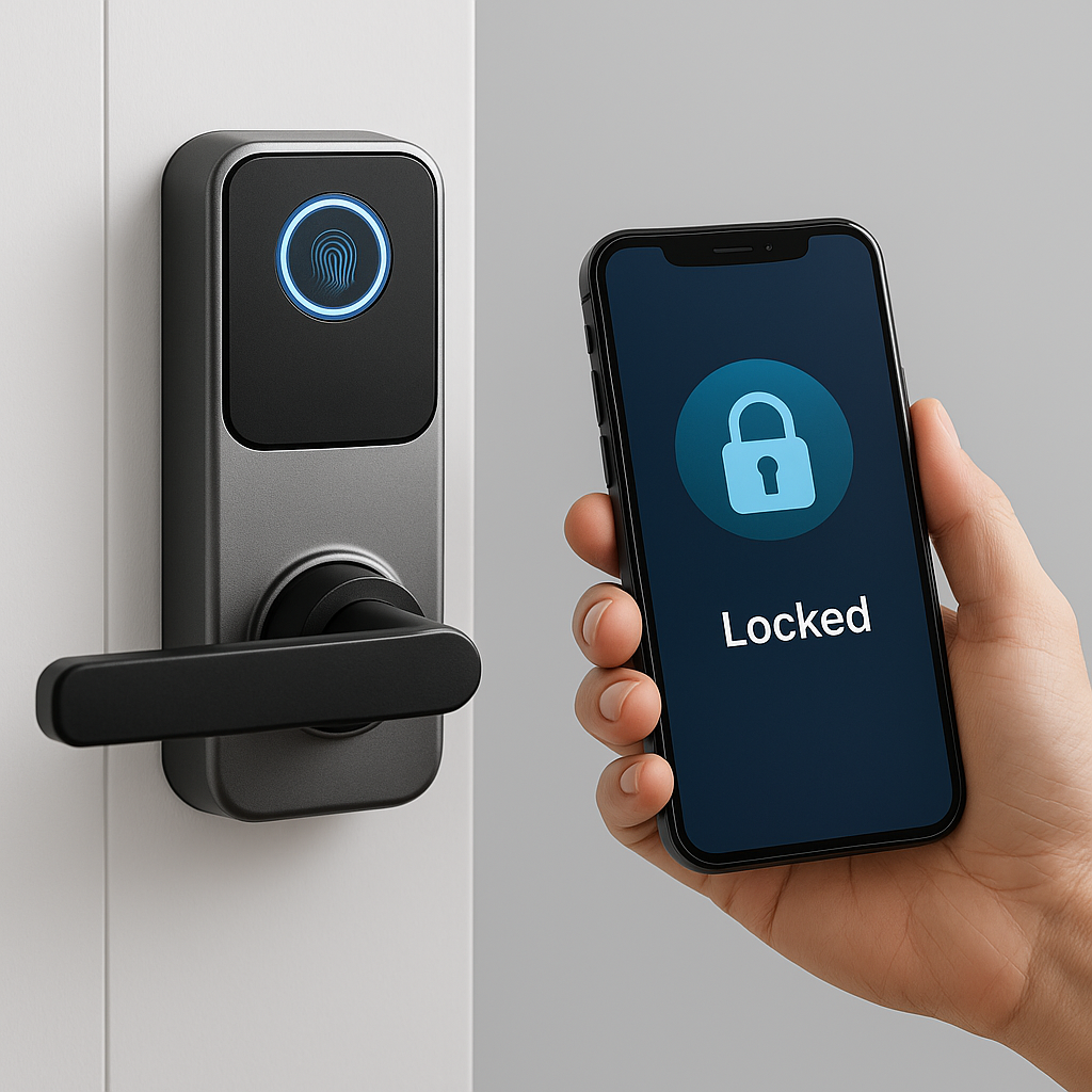 Mano desbloqueando una cerradura inteligente con un smartphone