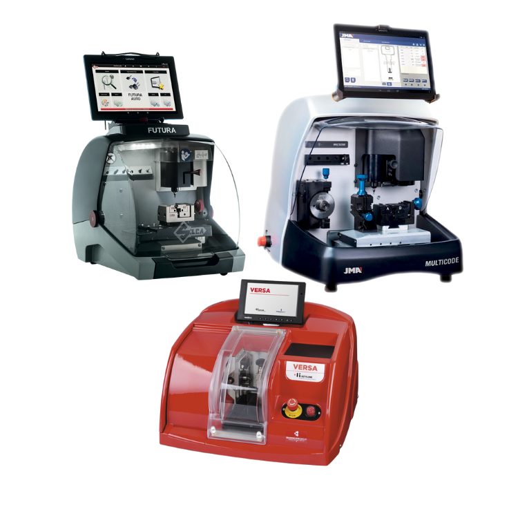 Máquinas duplicadoras electrónicas Silca Futura, JMA Multicode y Keyline Versa alineadas para mostrar tecnología de corte de llaves