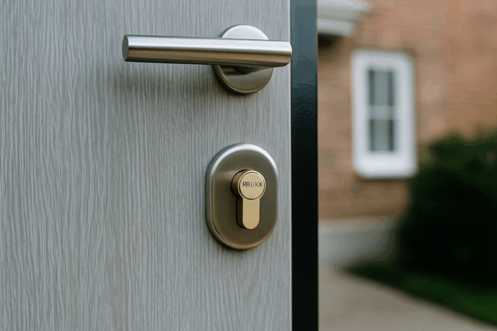 Primer plano de puerta de entrada con bombillo RBLOCK instalado